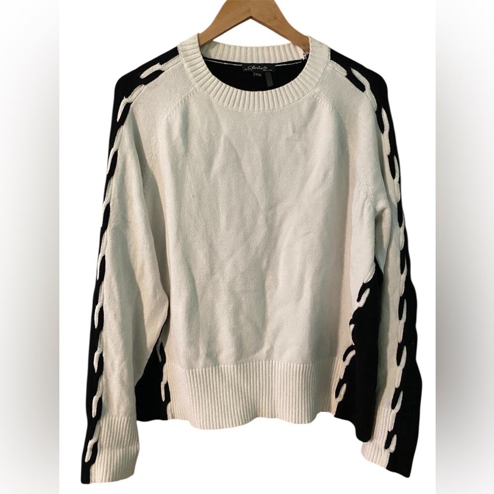 Charlie B Sweater Crewneck Women’s XL Twist Knit Long Sleeve Black White Boxy